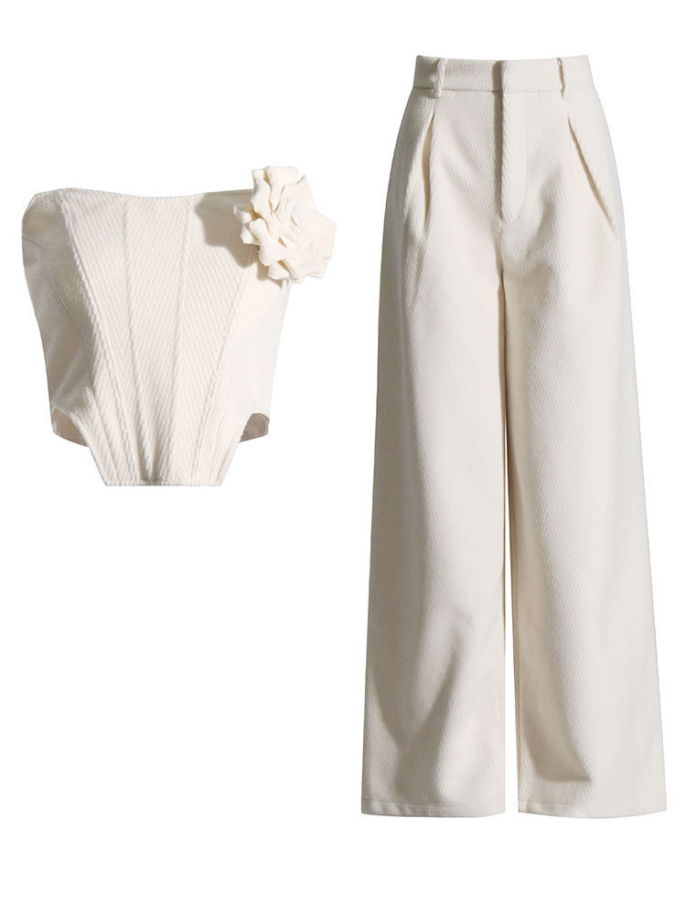 TWOTWINSTYLE Off Shoulder Patchwork 3D Flower Top Loose Pants Fashion Two Piece Set