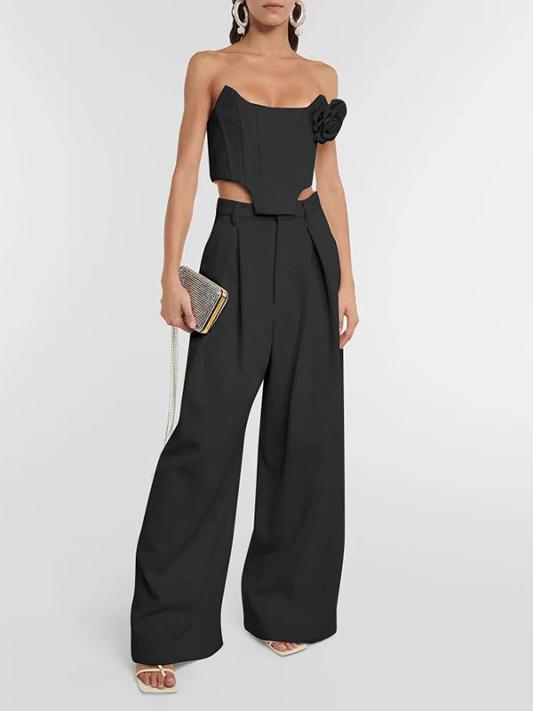 TWOTWINSTYLE Off Shoulder Patchwork 3D Flower Top Loose Pants Fashion Two Piece Set