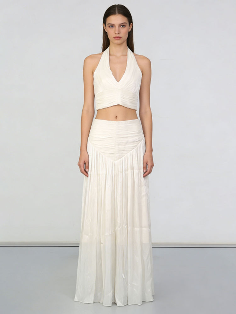 TWOTWINSTYLE V-Neck Tunic Top Pleated Skirt Two Piece Set