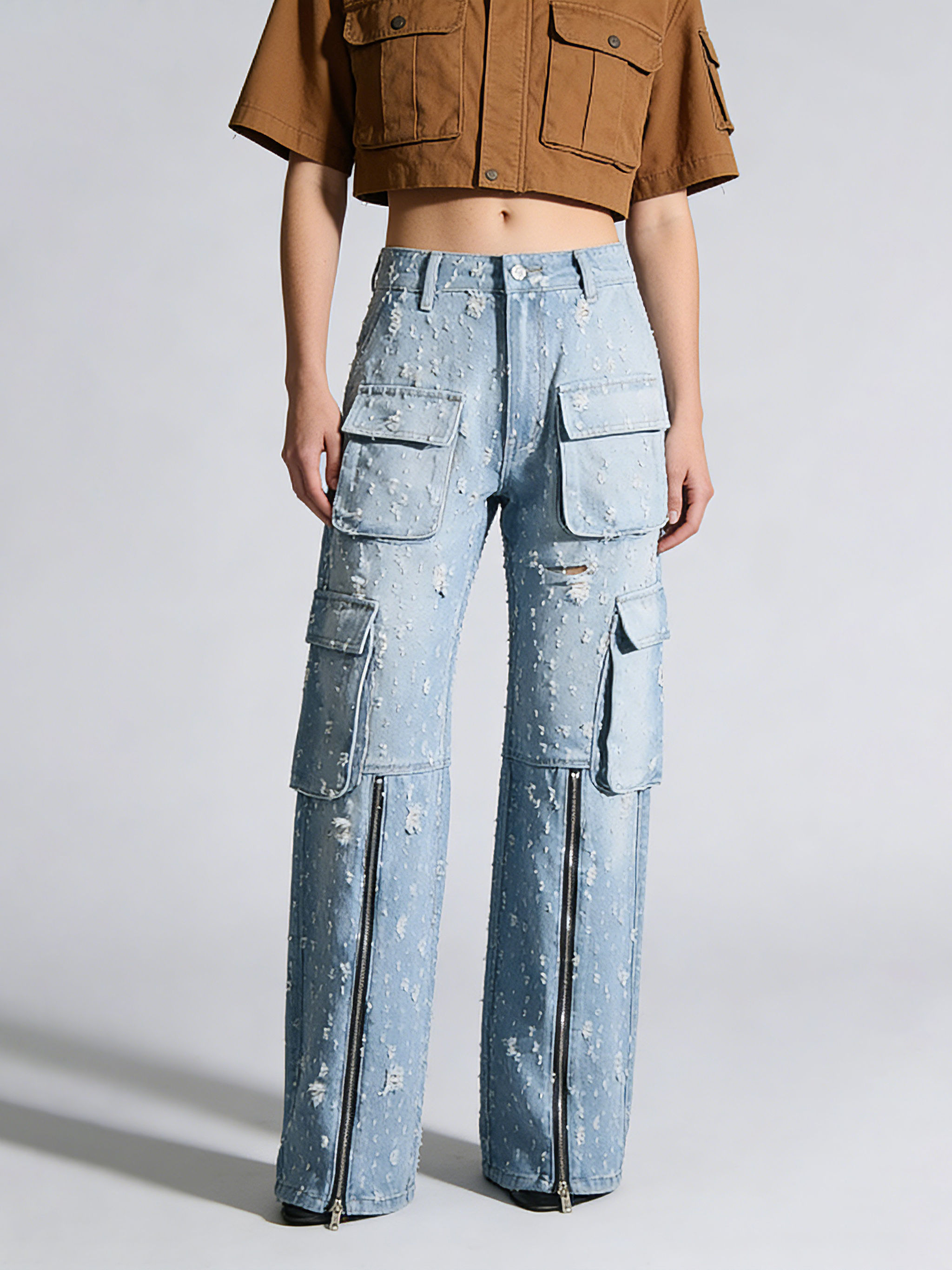 TWOTWINSTYLE Solid Hollow Out Patchwork Zipper Chic Jeans