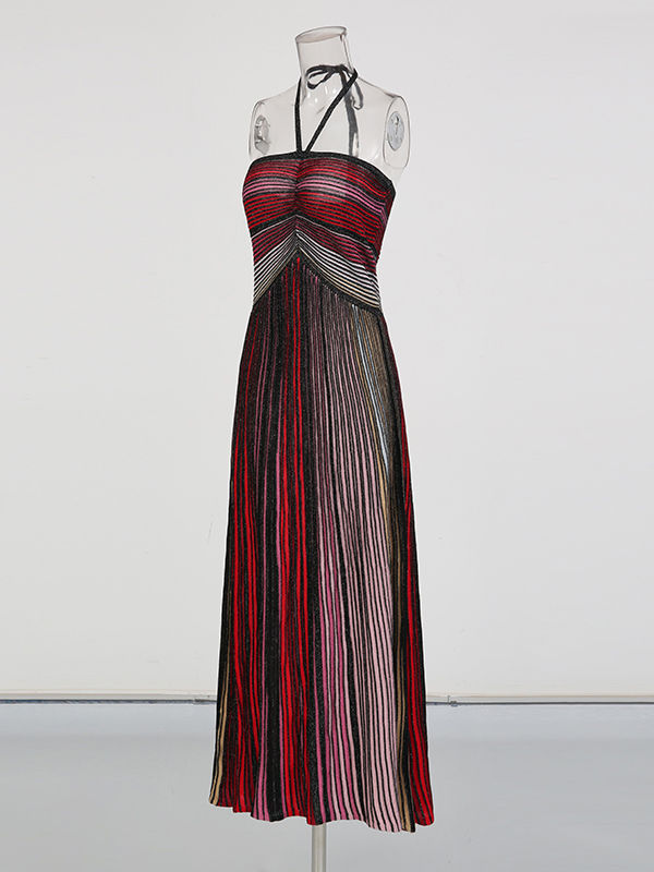 TWOTWINSTYLE Striped Backless Maxi Dress