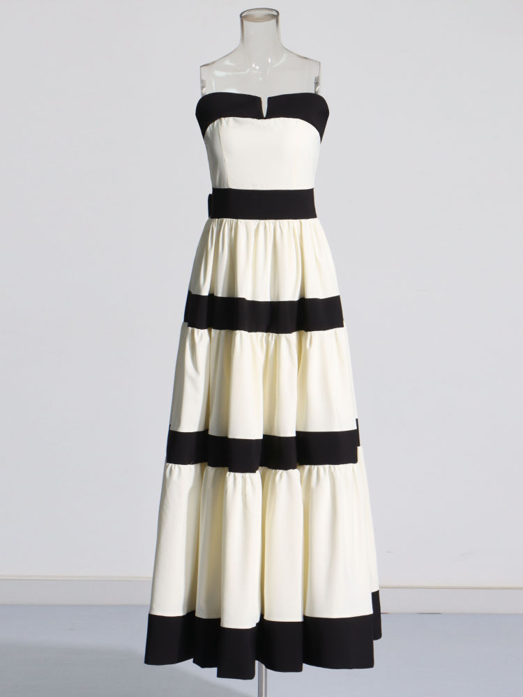 TWOTWINSTYLE Hit Color Spliced Bowknot Strapless Dress