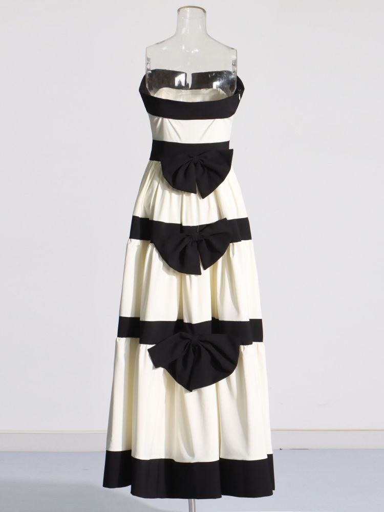 TWOTWINSTYLE Hit Color Spliced Bowknot Strapless Dress