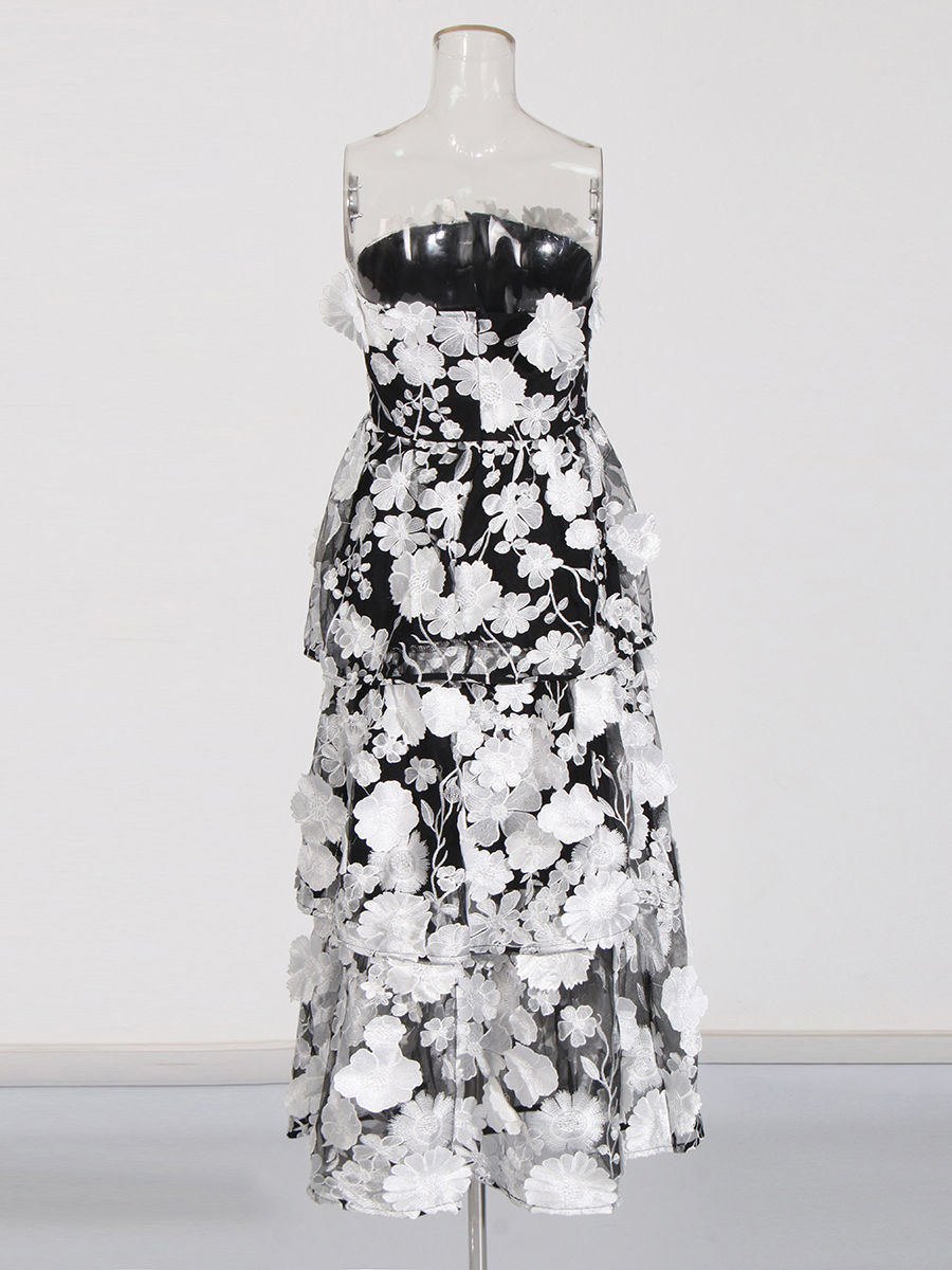 TWOTWINSTYLE Sleeveles Patchwork 3D Flower High Waist Dress