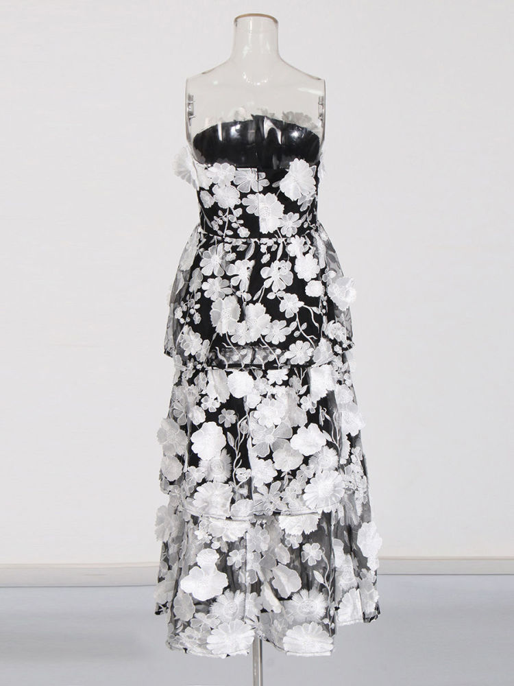 TWOTWINSTYLE Sleeveles Patchwork 3D Flower High Waist Dress