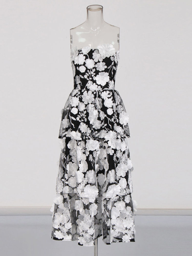 TWOTWINSTYLE Sleeveles Patchwork 3D Flower High Waist Dress