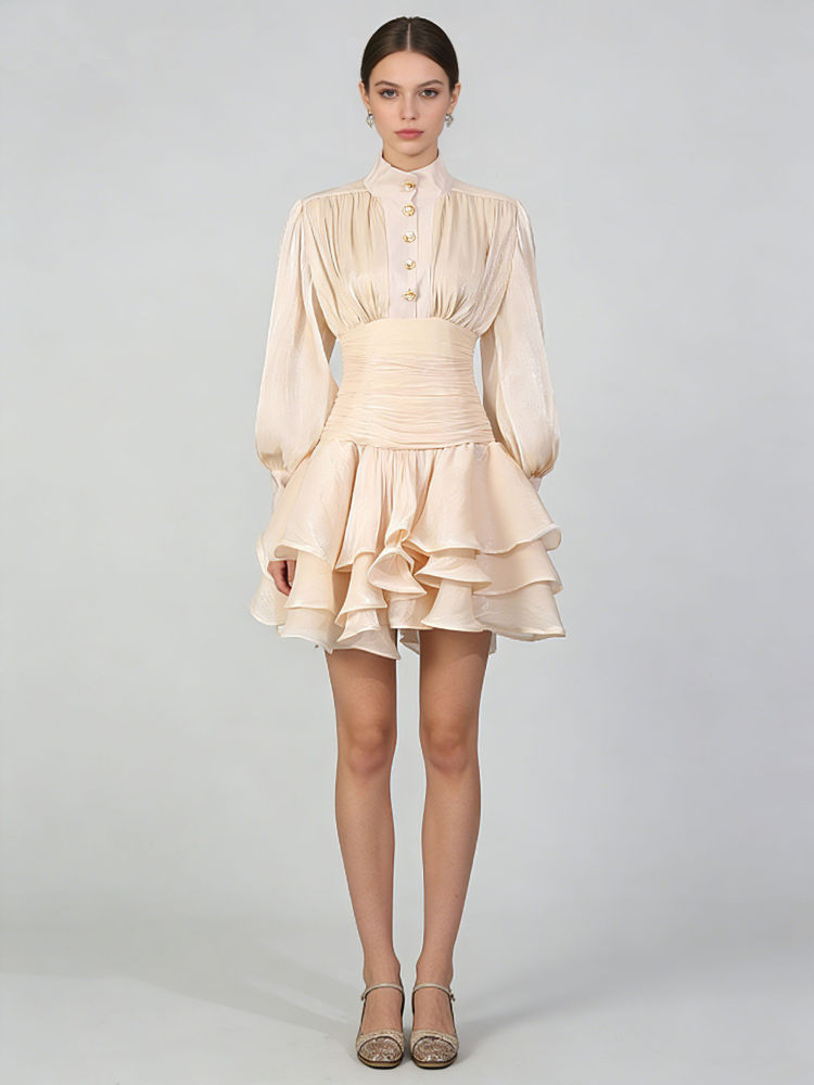 TWOTWINSTYLE Stand Collar Tunic Designer Solid Mini Dress-Apricot