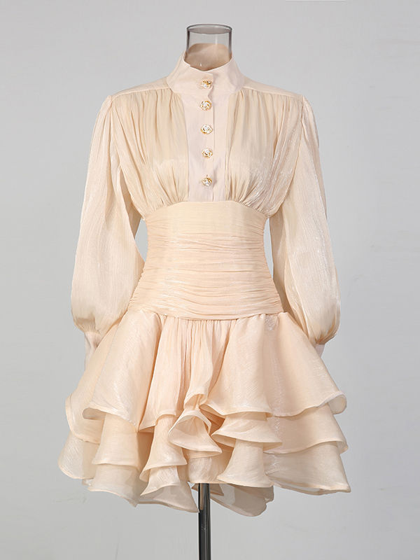 TWOTWINSTYLE Stand Collar Tunic Designer Solid Mini Dress-Apricot
