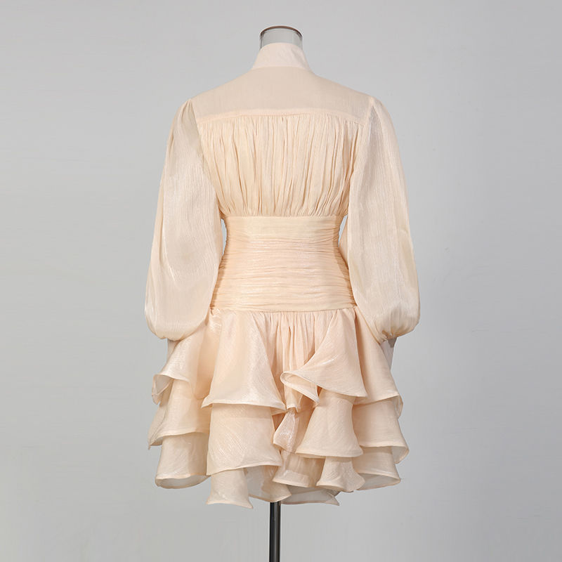 TWOTWINSTYLE Stand Collar Tunic Designer Solid Mini Dress-Apricot
