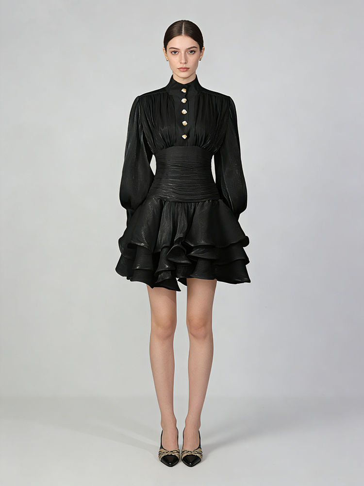 TWOTWINSTYLE Stand Collar Tunic Designer Solid Mini Dress - Black