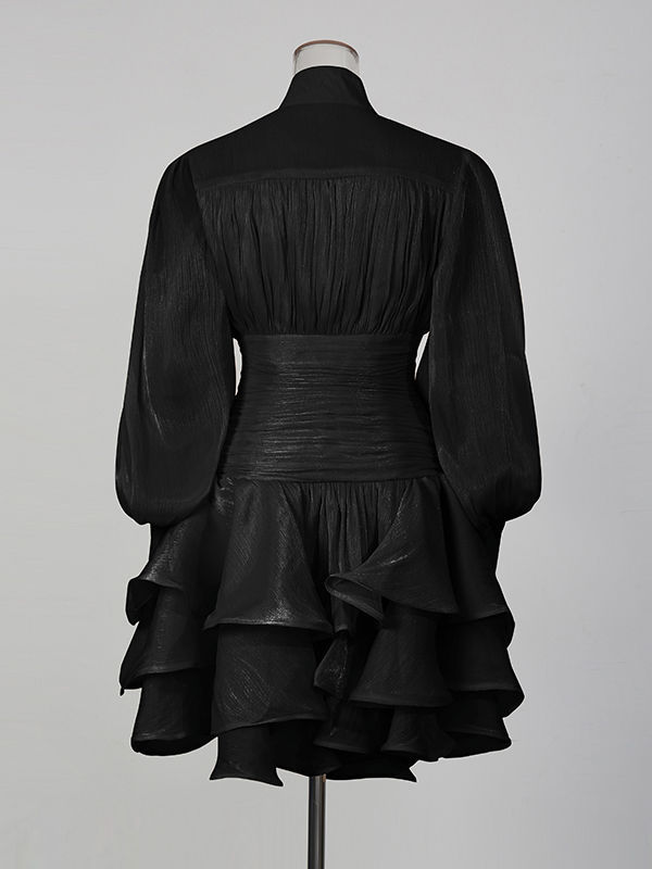 TWOTWINSTYLE Stand Collar Tunic Designer Solid Mini Dress - Black