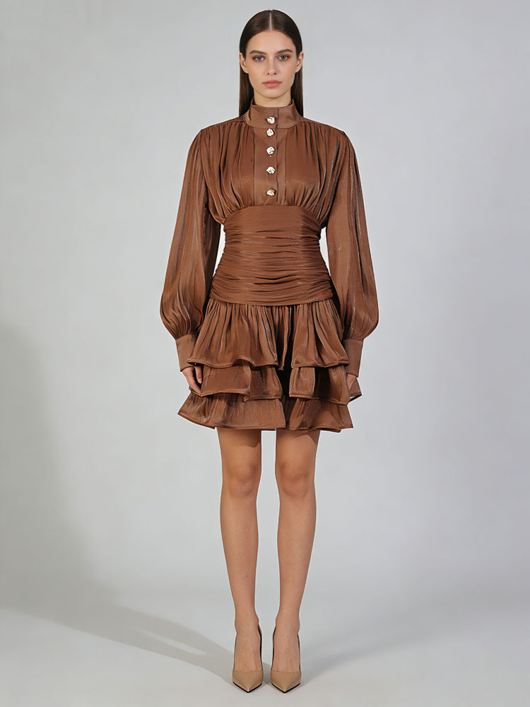 TWOTWINSTYLE Stand Collar Tunic Designer Solid Mini Dress-Coffee