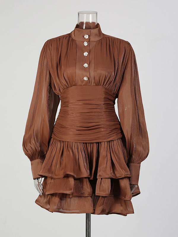 TWOTWINSTYLE Stand Collar Tunic Designer Solid Mini Dress-Coffee
