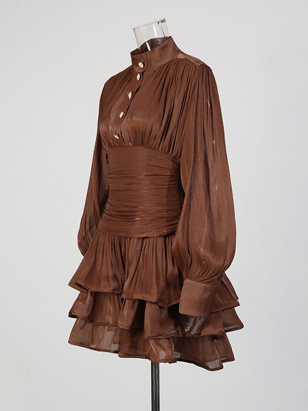 TWOTWINSTYLE Stand Collar Tunic Designer Solid Mini Dress-Coffee