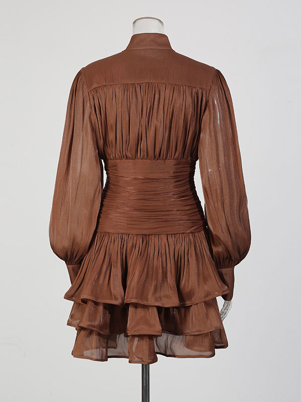 TWOTWINSTYLE Stand Collar Tunic Designer Solid Mini Dress-Coffee