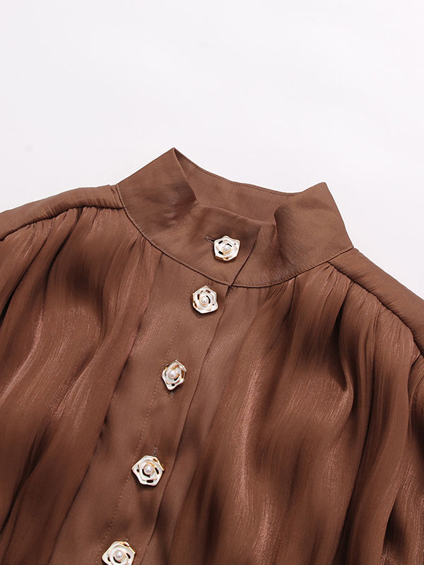 TWOTWINSTYLE Stand Collar Tunic Designer Solid Mini Dress-Coffee
