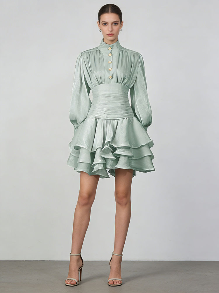 TWOTWINSTYLE Stand Collar Tunic Designer Solid Mini Dress-Green