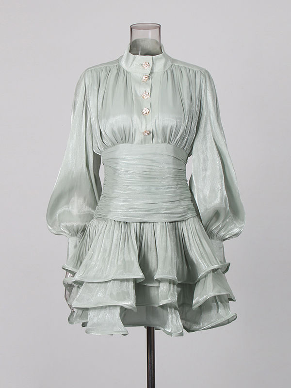TWOTWINSTYLE Stand Collar Tunic Designer Solid Mini Dress-Green