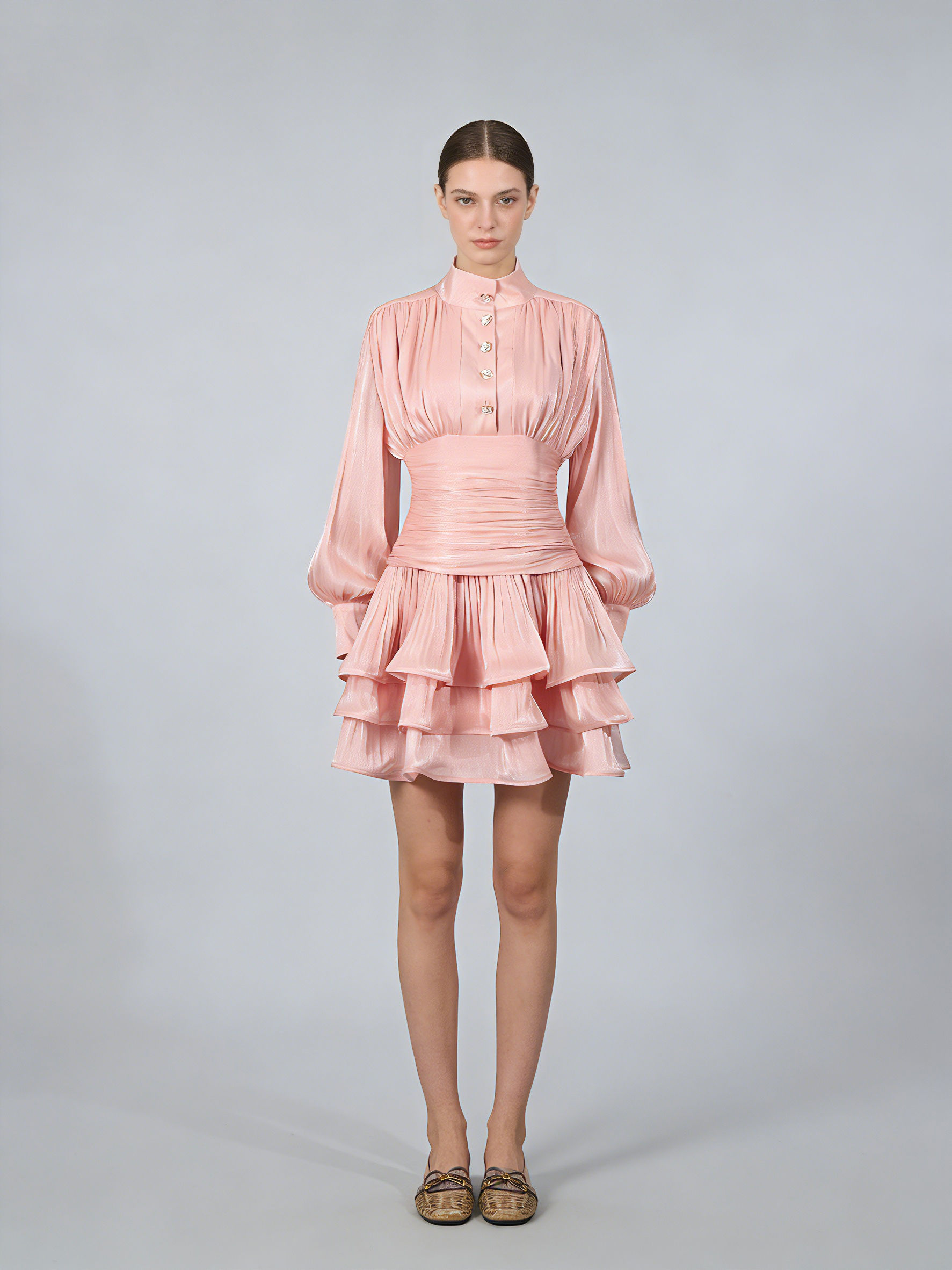 TWOTWINSTYLE Stand Collar Tunic Designer Solid Mini Dress  - Pink