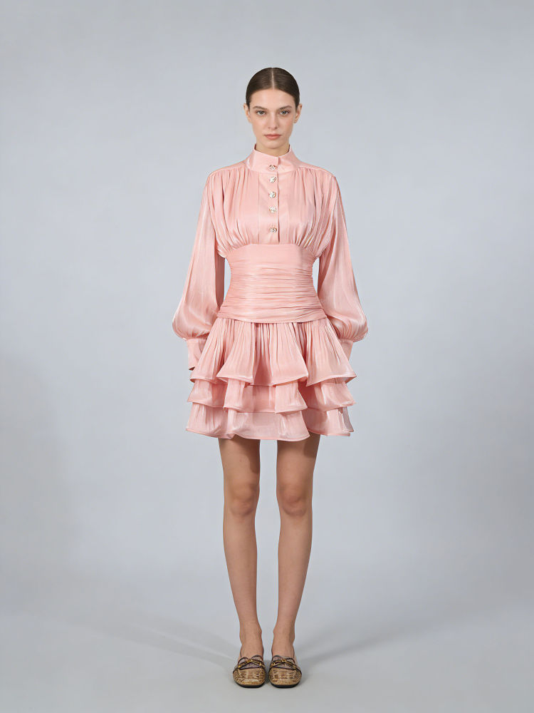 TWOTWINSTYLE Stand Collar Tunic Designer Solid Mini Dress  - Pink