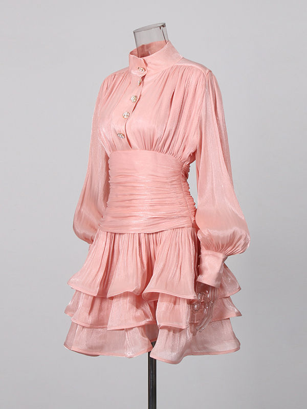 TWOTWINSTYLE Stand Collar Tunic Designer Solid Mini Dress  - Pink