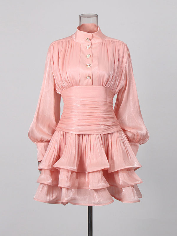 TWOTWINSTYLE Stand Collar Tunic Designer Solid Mini Dress  - Pink