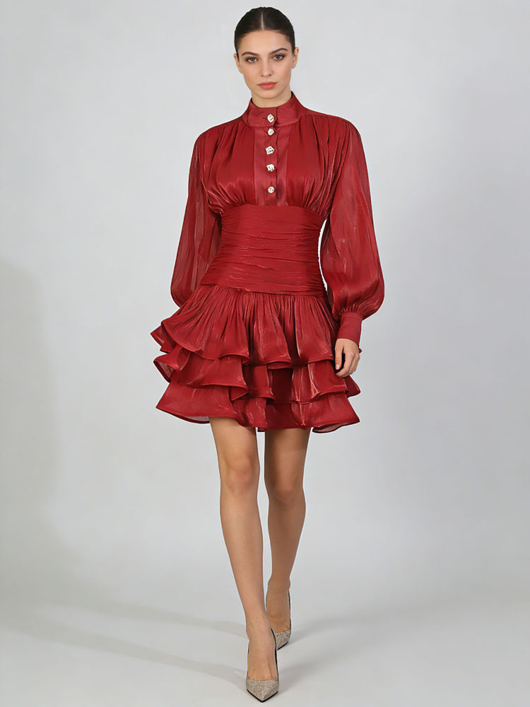 TWOTWINSTYLE Stand Collar Tunic Designer Solid Mini Dress-Red