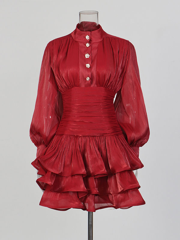 TWOTWINSTYLE Stand Collar Tunic Designer Solid Mini Dress-Red