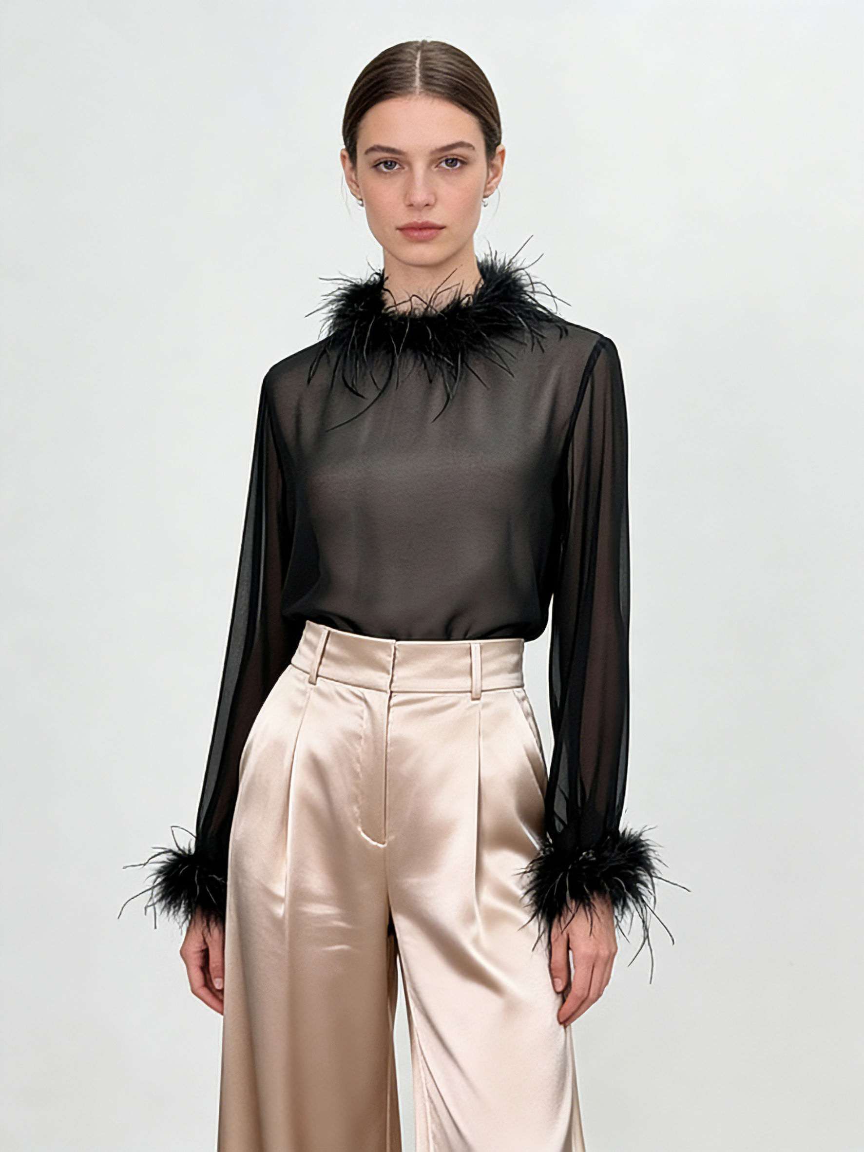 TWOTWINSTYLE Long Sleeve Patchwork Feathers Loose T Shirt