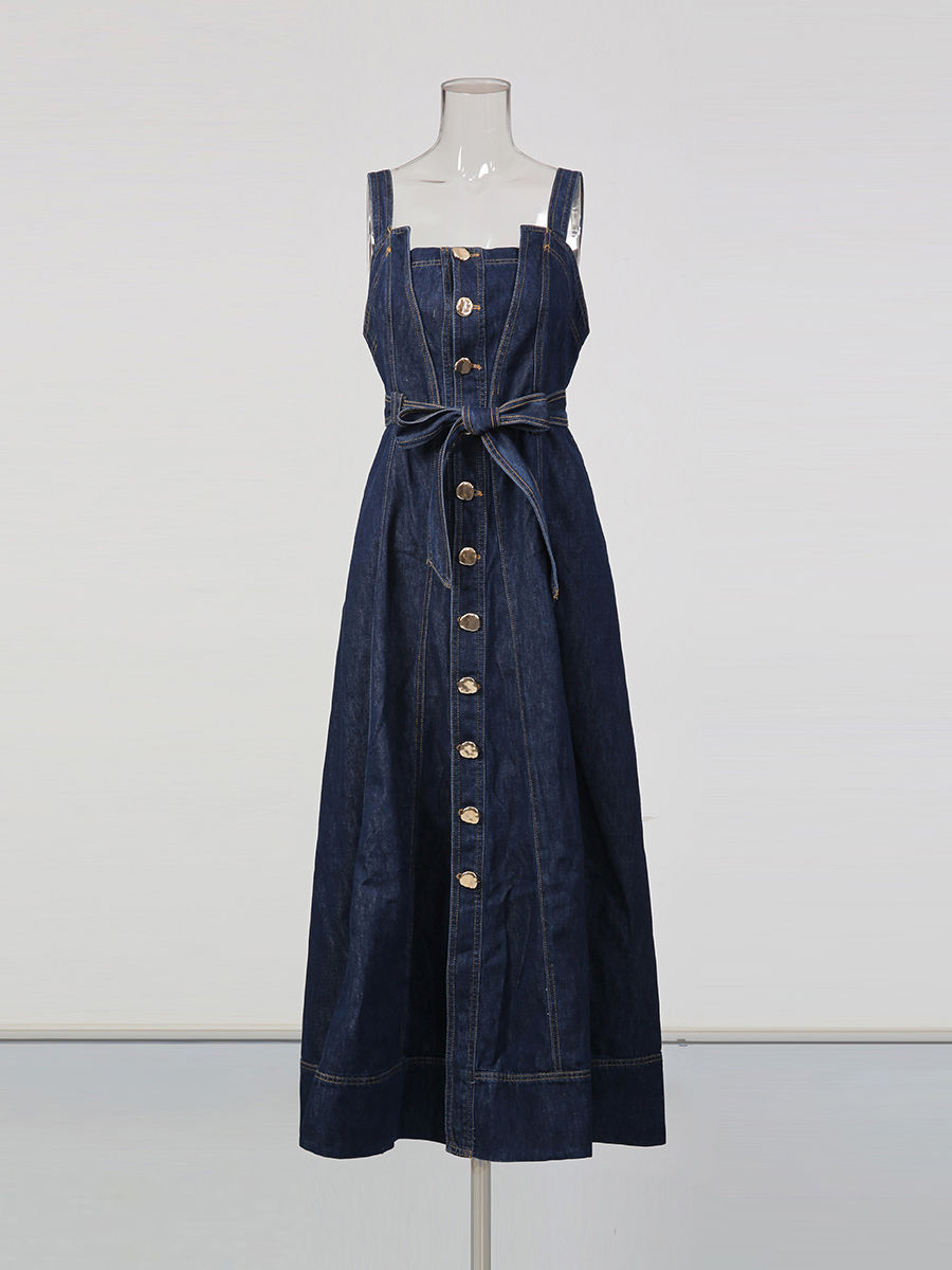 TWOTWINSTYLE Sleeveles High Waist Spliced Single Breasted Denim Dress