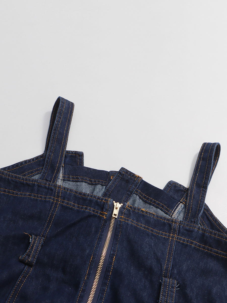 TWOTWINSTYLE Sleeveles High Waist Spliced Single Breasted Denim Dress