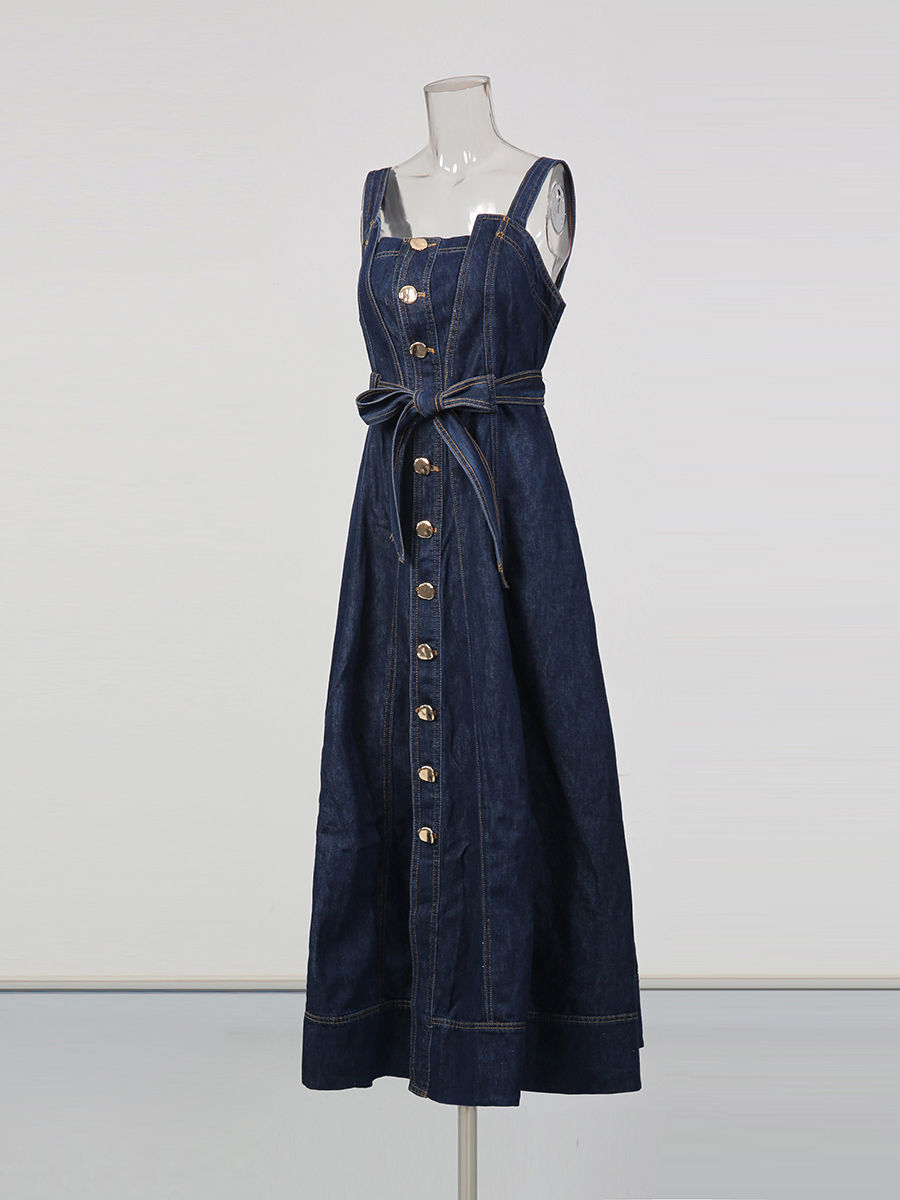 TWOTWINSTYLE Sleeveles High Waist Spliced Single Breasted Denim Dress
