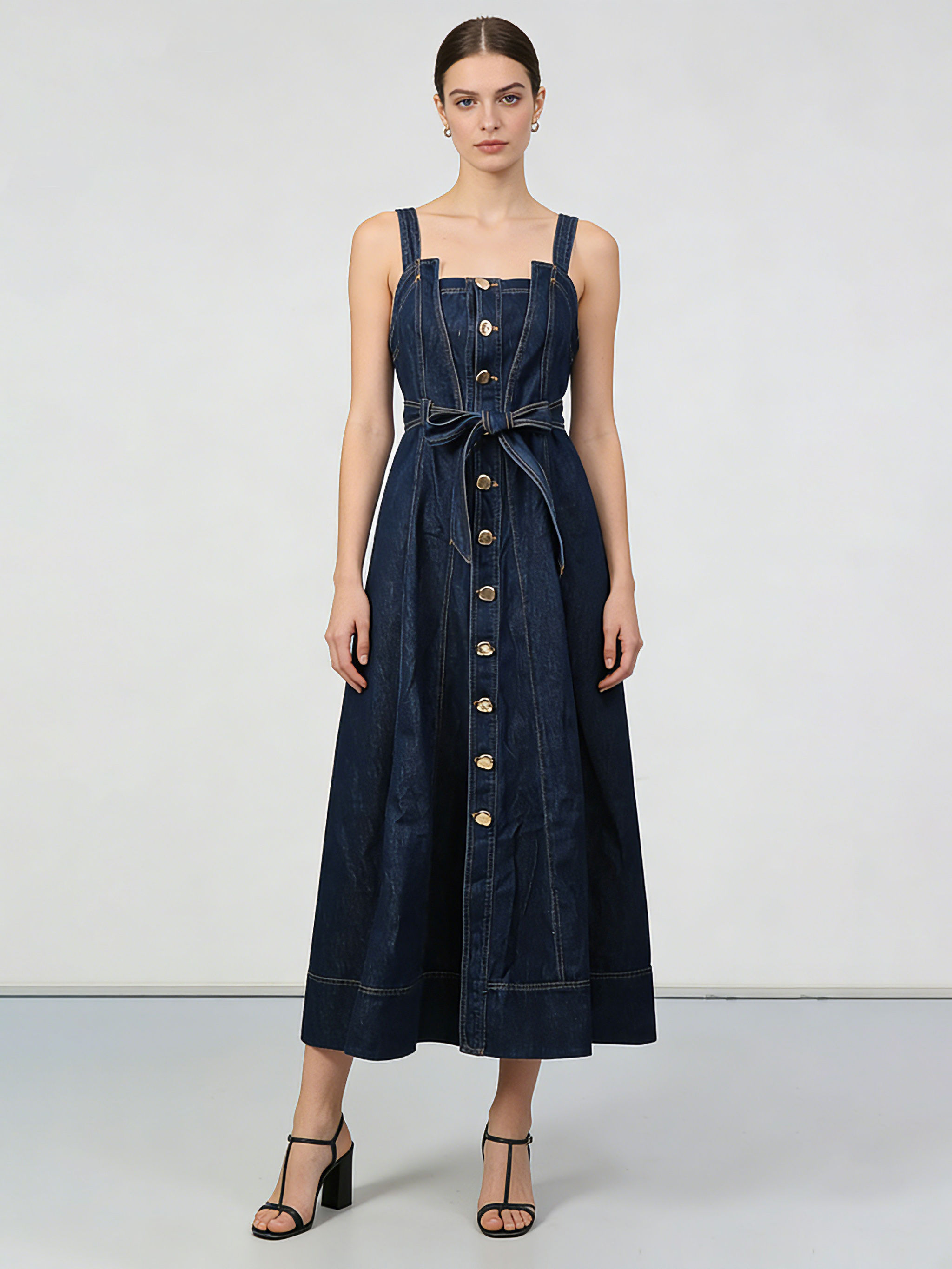 TWOTWINSTYLE Sleeveles High Waist Spliced Single Breasted Denim Dress