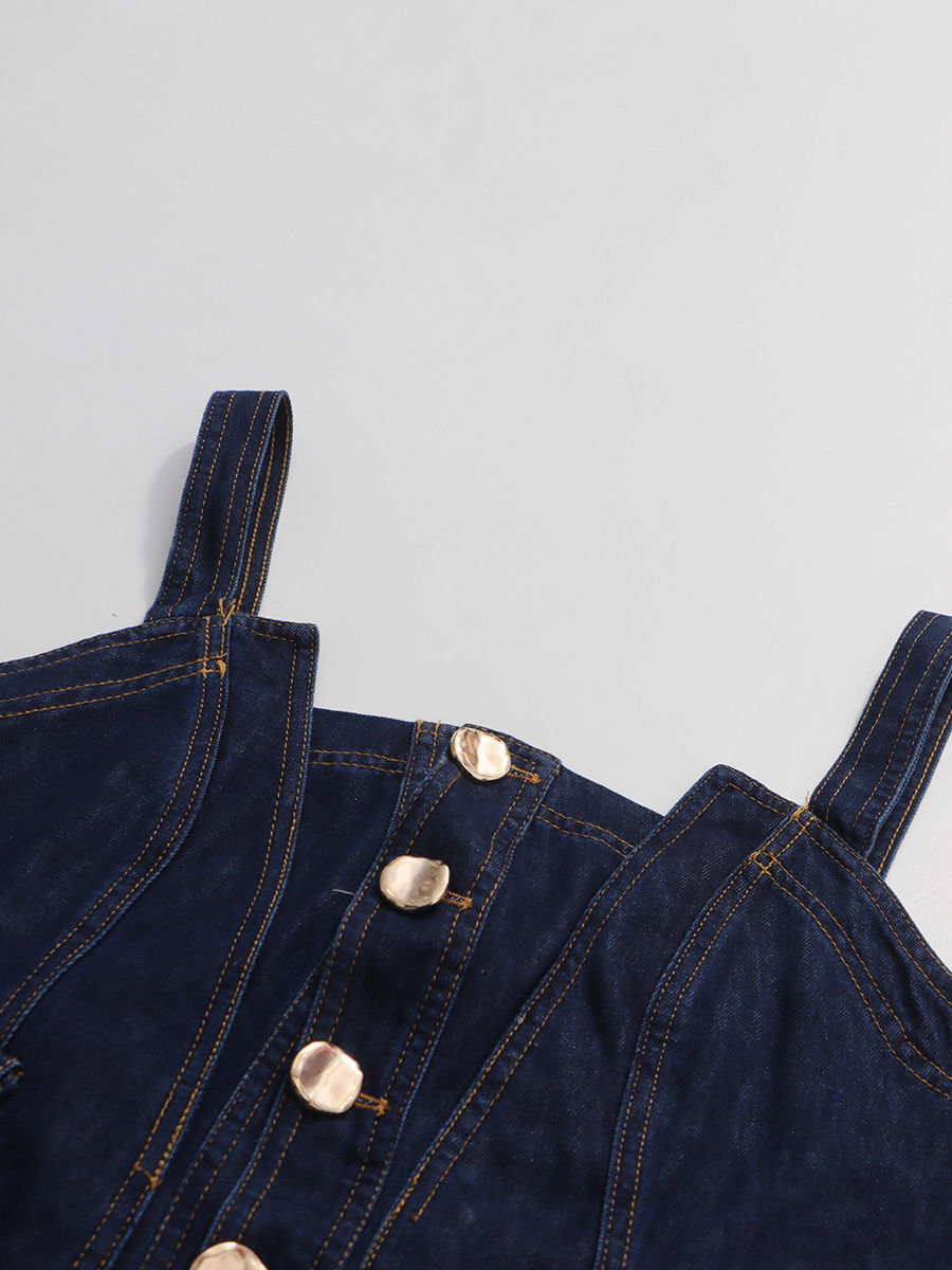 TWOTWINSTYLE Sleeveles High Waist Spliced Single Breasted Denim Dress