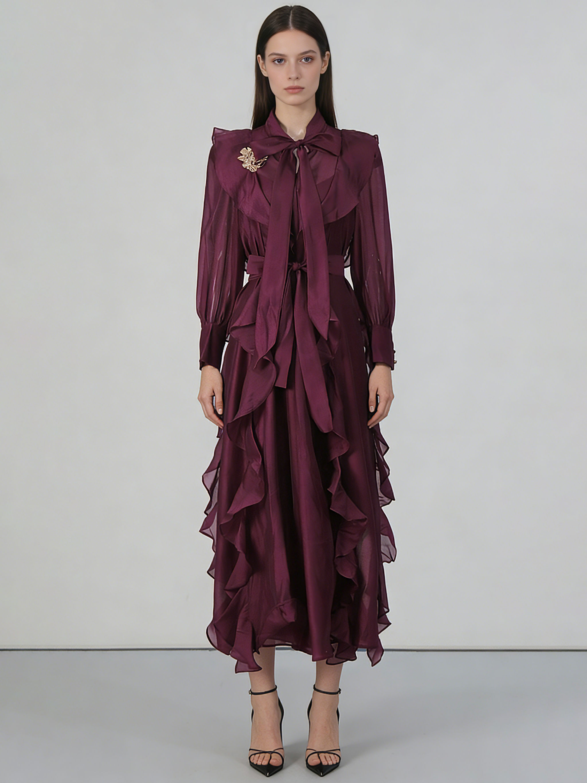 TWOTWINSTYLE Solid Spliced Metal Patchwork Ruffles Vintage Dress