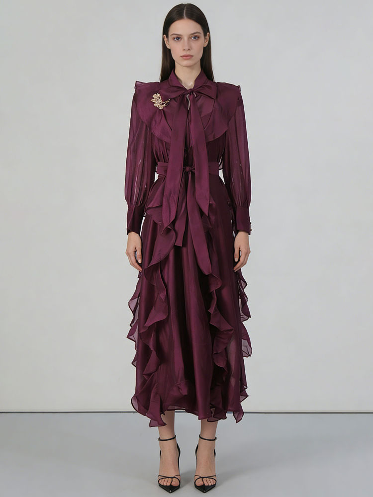 TWOTWINSTYLE Solid Spliced Metal Patchwork Ruffles Vintage Dress