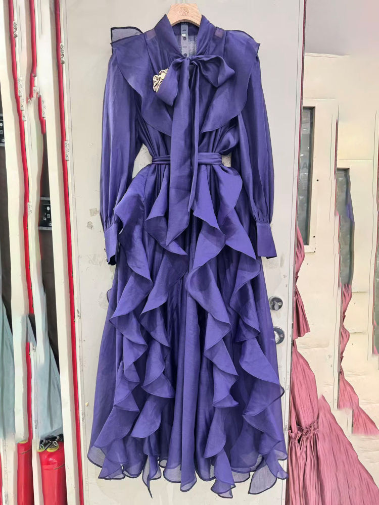 TWOTWINSTYLE Solid Spliced Metal Patchwork Ruffles Vintage Dress
