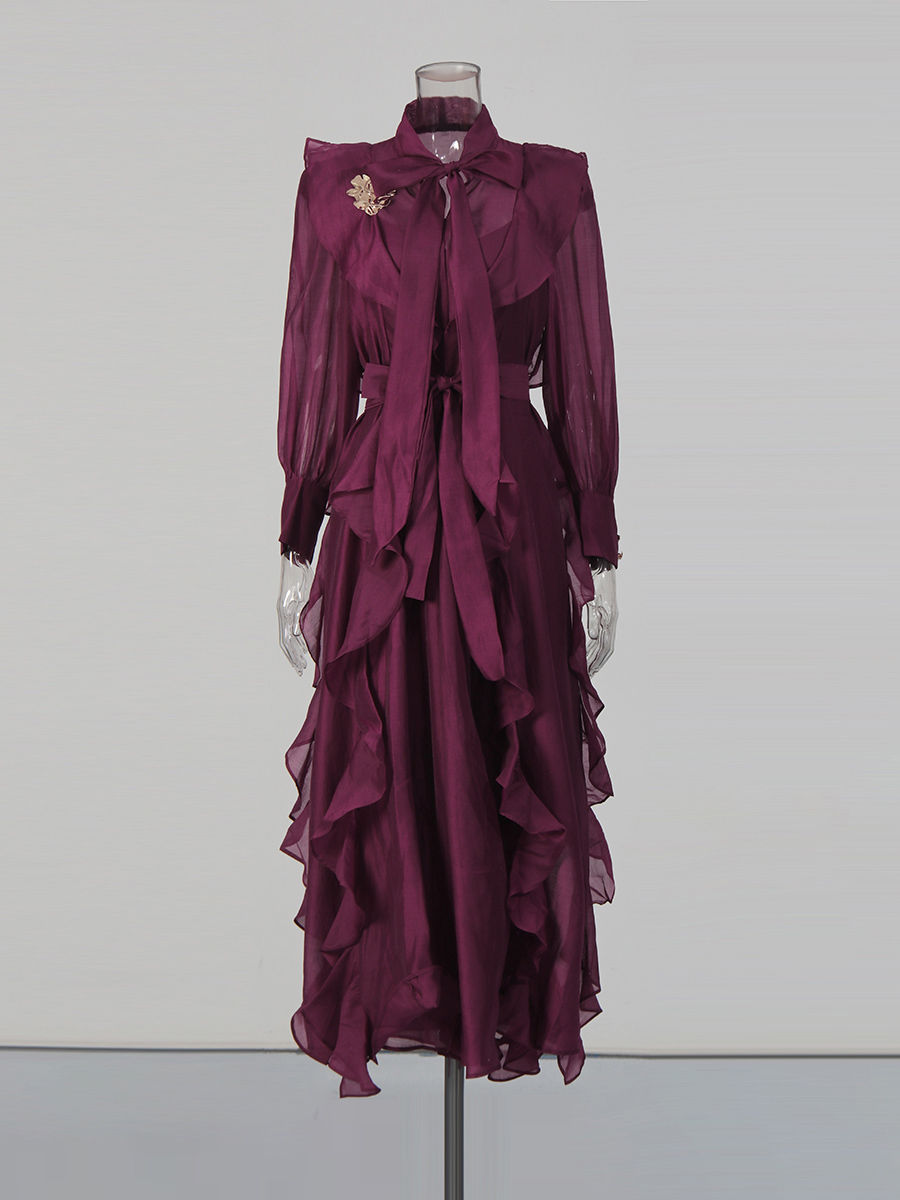 TWOTWINSTYLE Solid Spliced Metal Patchwork Ruffles Vintage Dress