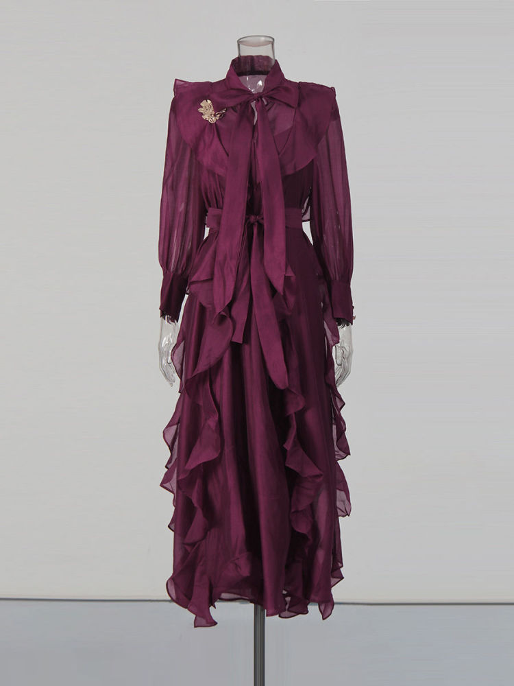 TWOTWINSTYLE Solid Spliced Metal Patchwork Ruffles Vintage Dress