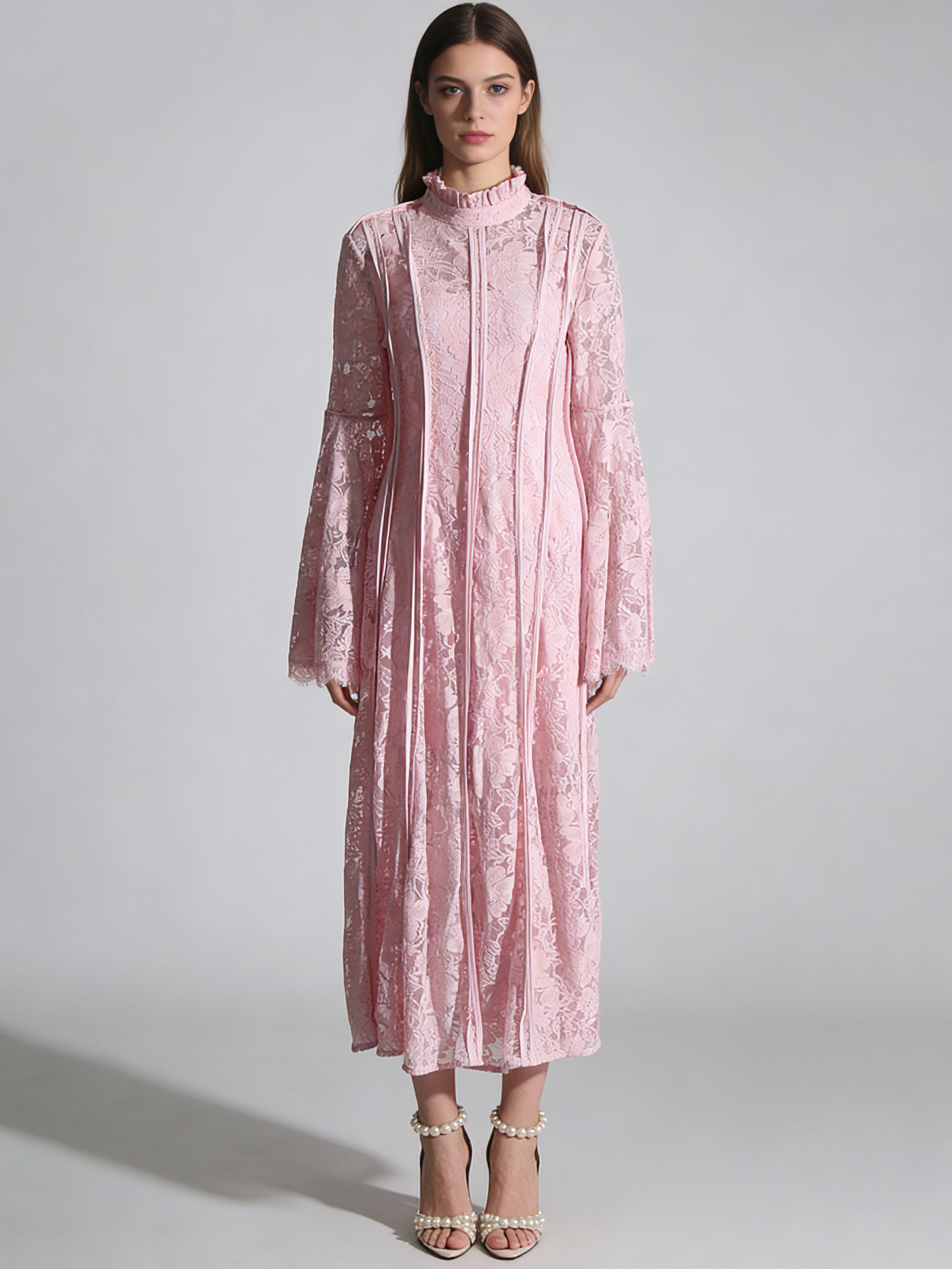 TWOTWINSTYLE Stand Collar Spliced Mesh Tunic Vintage Dress