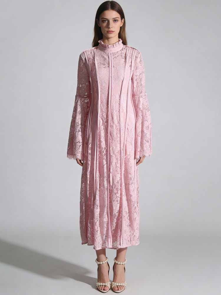 TWOTWINSTYLE Stand Collar Spliced Mesh Tunic Vintage Dress