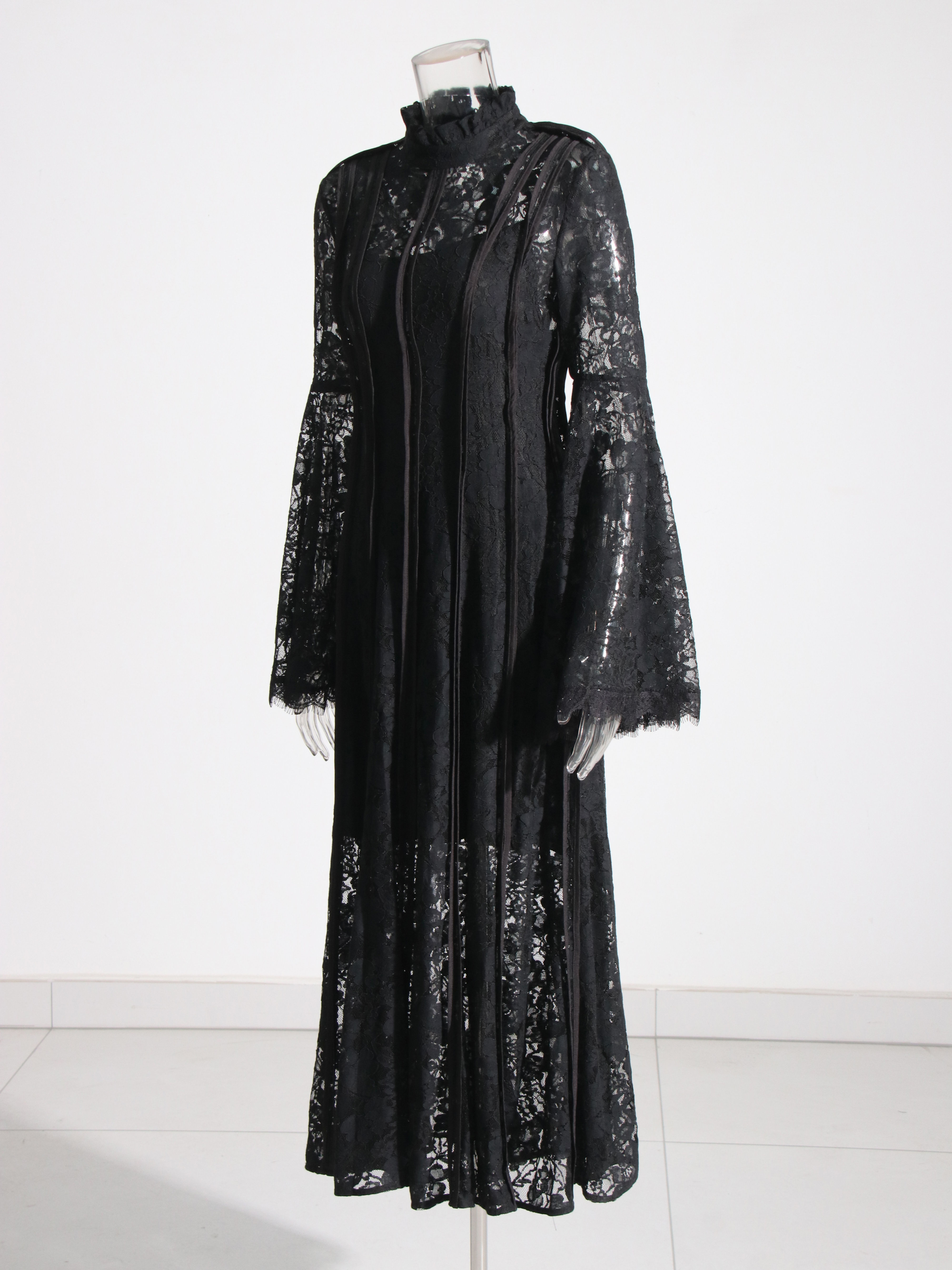 TWOTWINSTYLE Stand Collar Spliced Mesh Tunic Vintage Dress