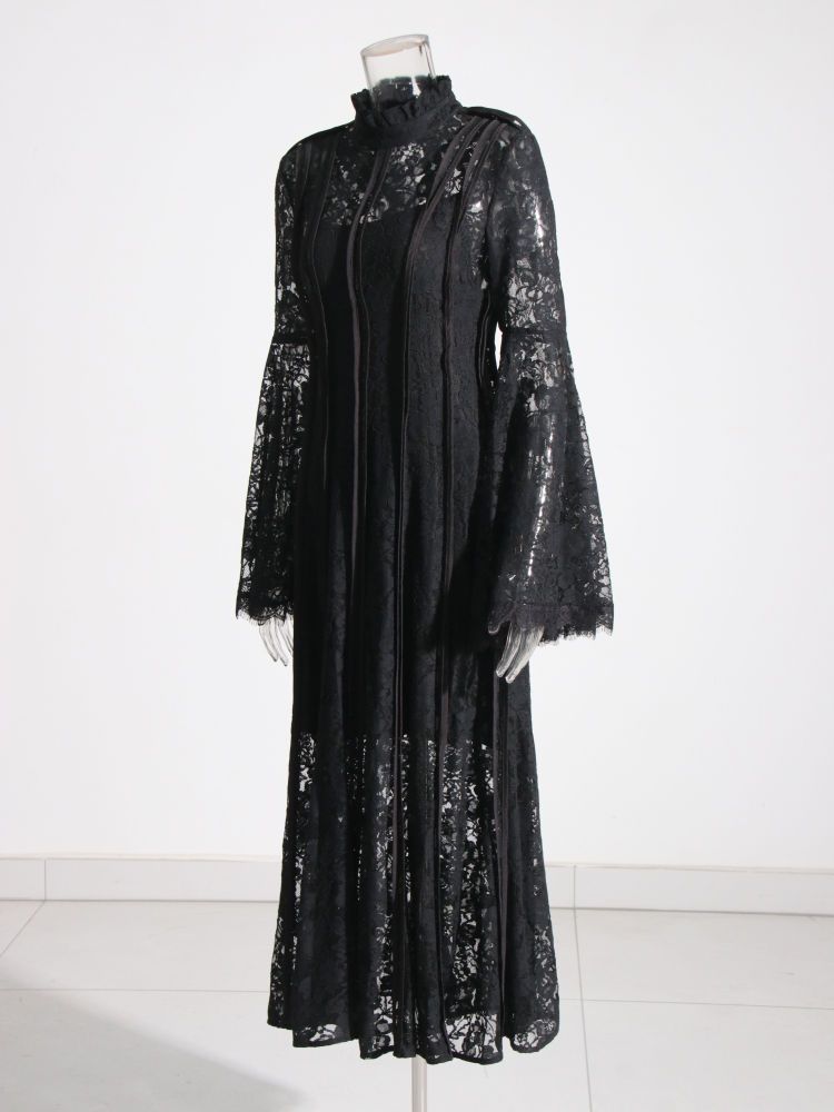 TWOTWINSTYLE Stand Collar Spliced Mesh Tunic Vintage Dress
