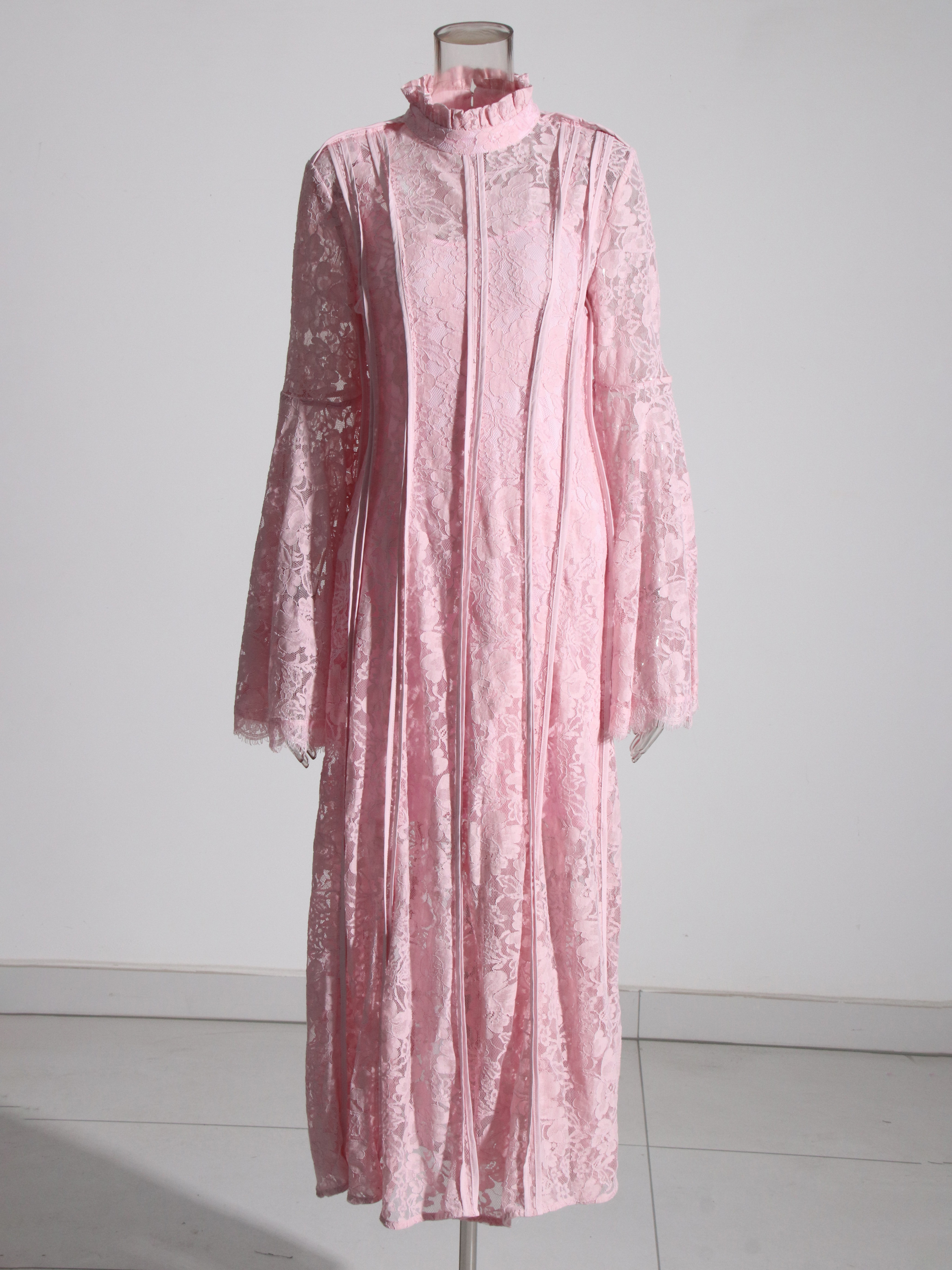 TWOTWINSTYLE Stand Collar Spliced Mesh Tunic Vintage Dress