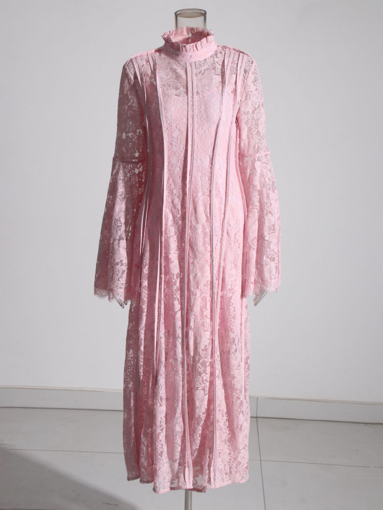 TWOTWINSTYLE Stand Collar Spliced Mesh Tunic Vintage Dress