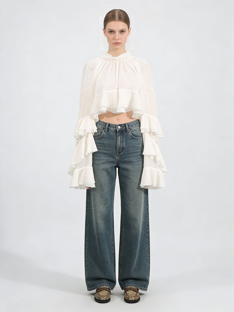 TWOTWINSTYLE Stand Collar Spliced Ruffles Fashion Crop Top
