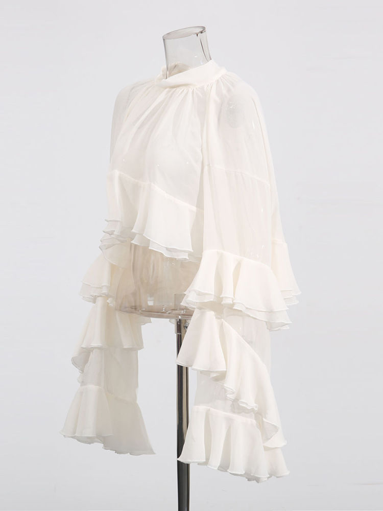 TWOTWINSTYLE Stand Collar Spliced Ruffles Fashion Crop Top