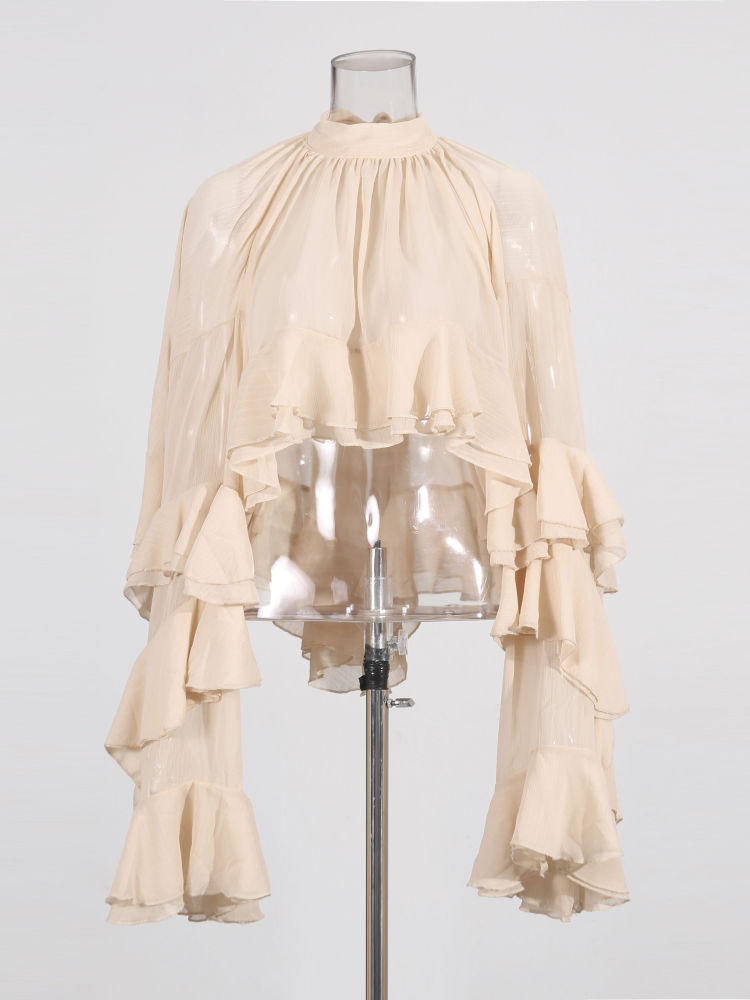 TWOTWINSTYLE Stand Collar Spliced Ruffles Fashion Crop Top