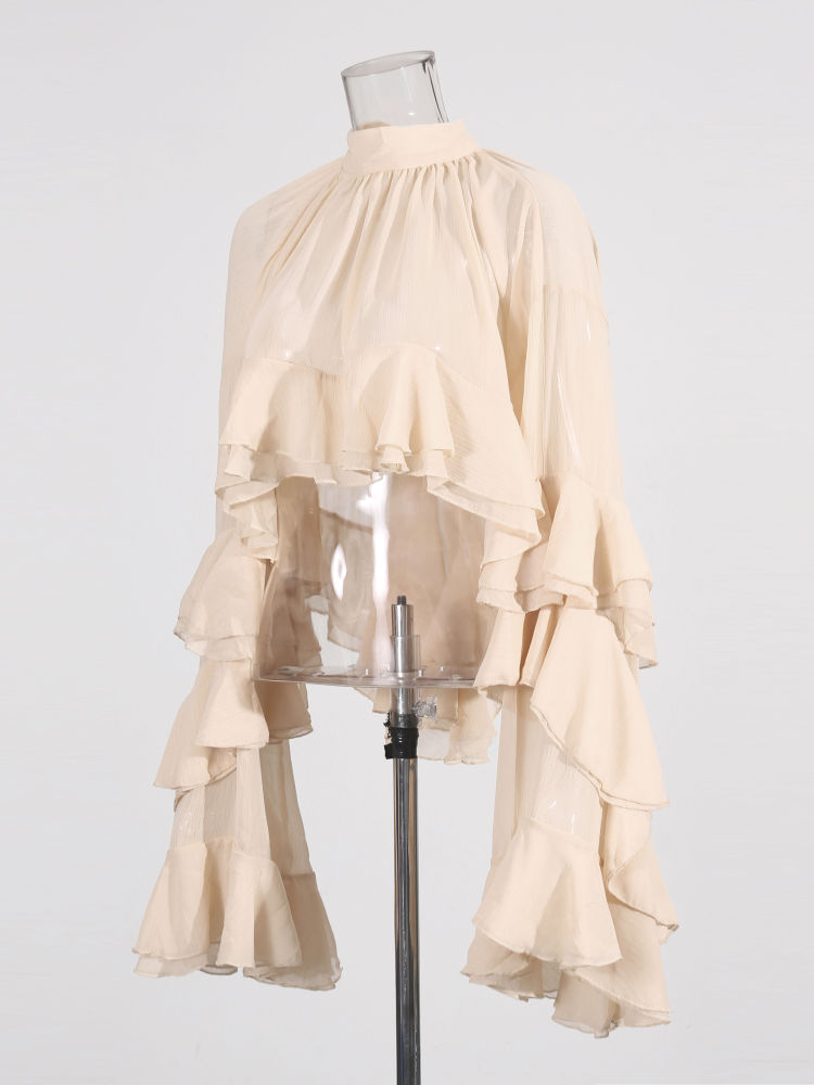TWOTWINSTYLE Stand Collar Spliced Ruffles Fashion Crop Top