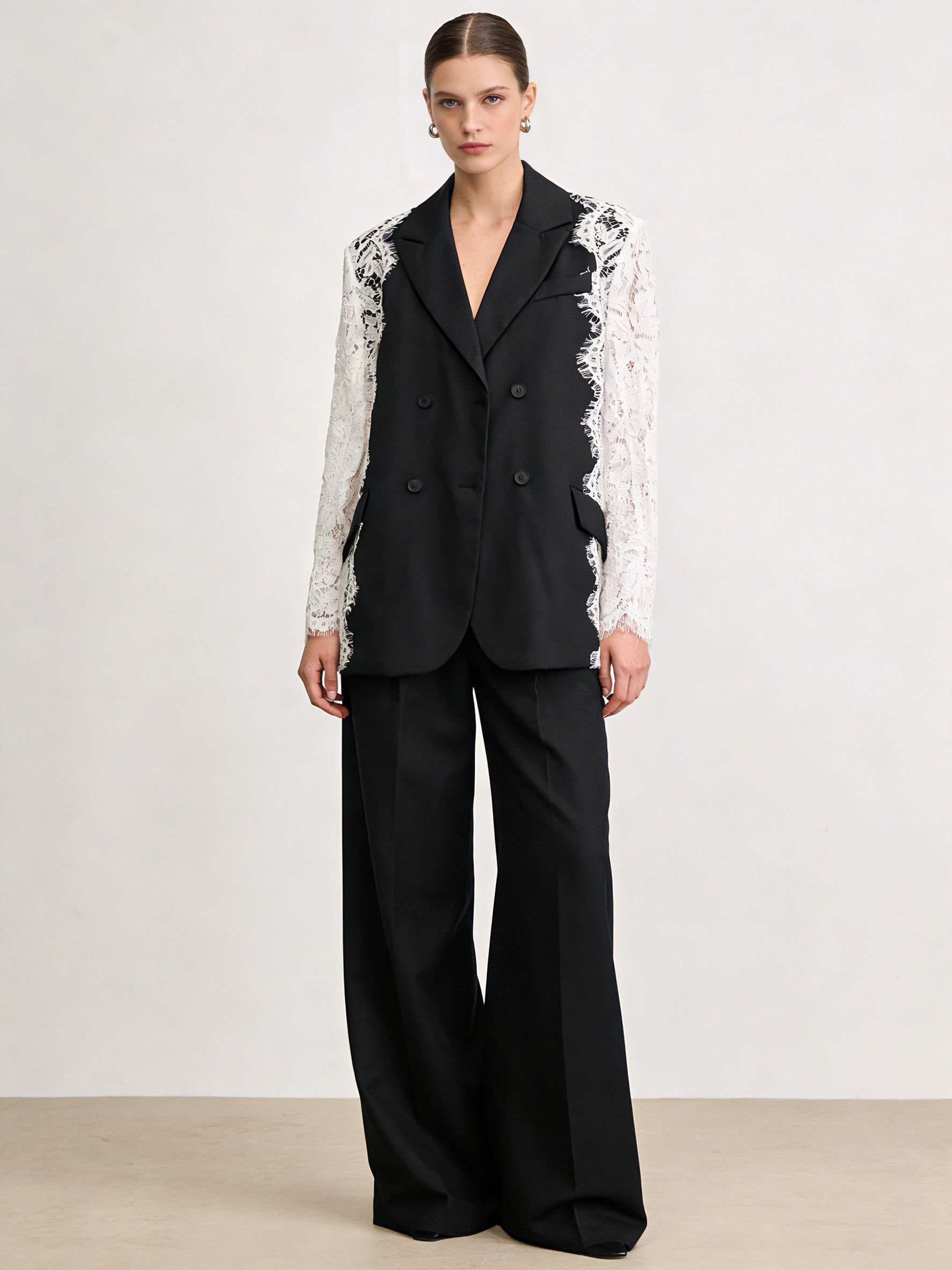 TWOTWINSTYLE Lapel Hit Color Spliced Double Breasted Chic Coat